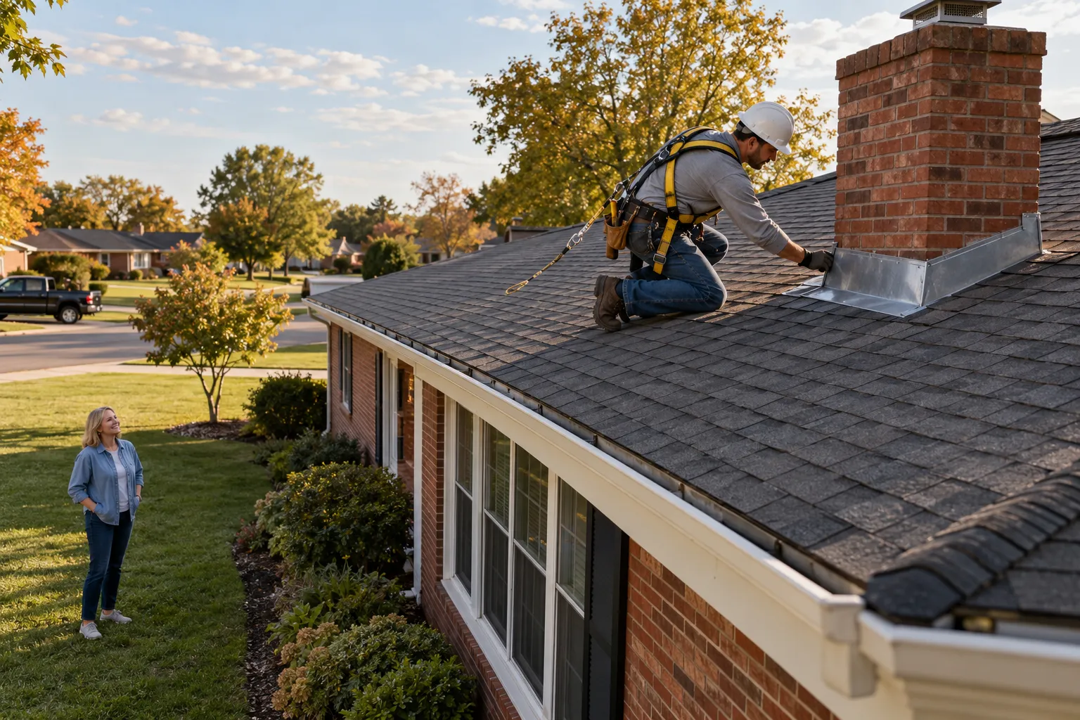 Local roofing provider inspecting a shingle roof for leaks on a home in Friendswood